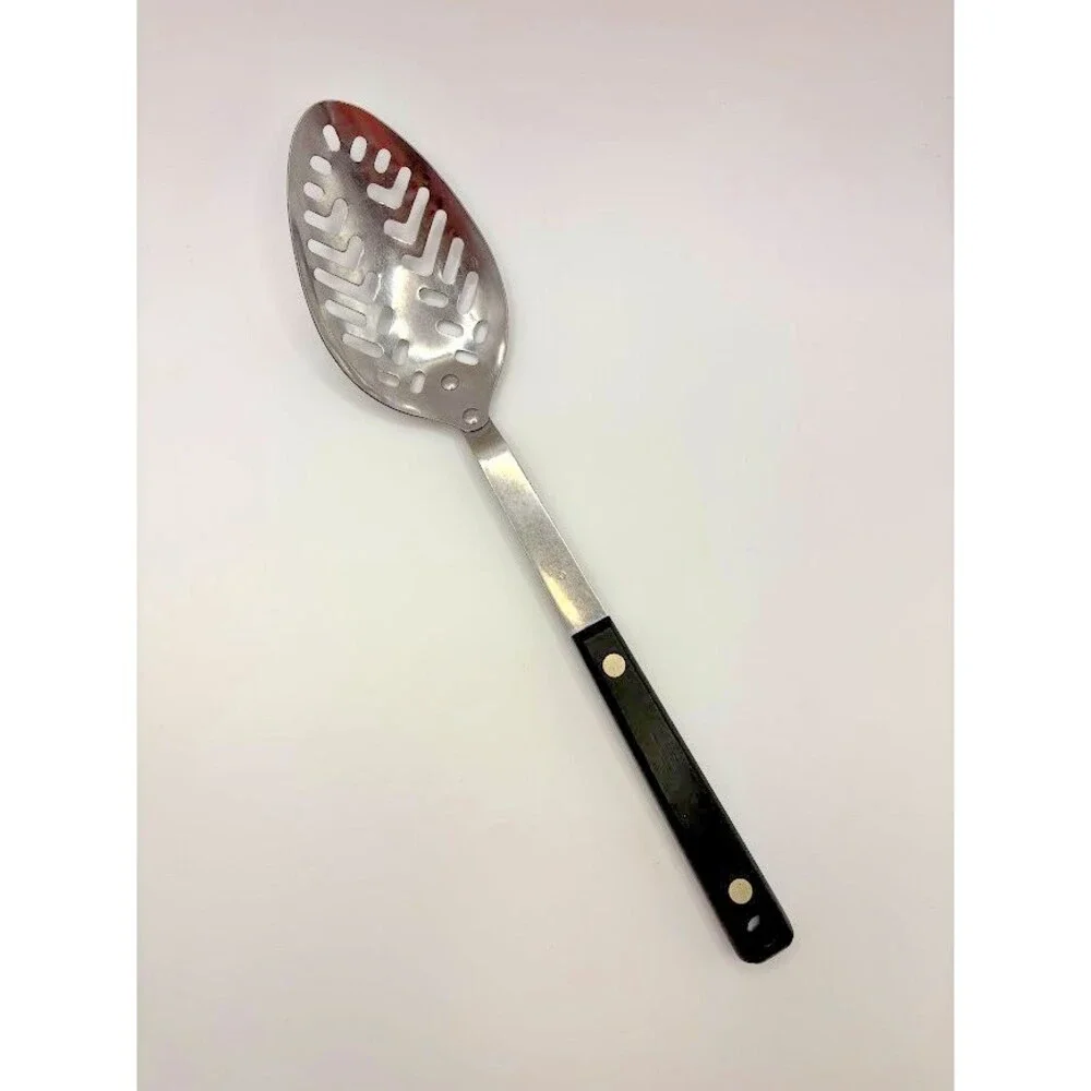 Vintage Flint Stainless Vanadium Slotted Serving Spoon Black Handle USA 11.5